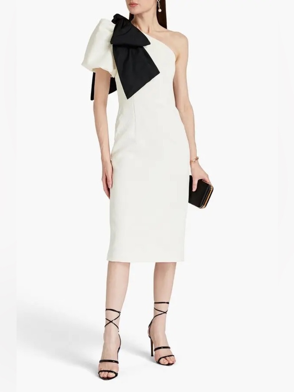 Rebecca Vallance Monique Taffeta Textured One Shoulder Bow Midi Dress Sz 6